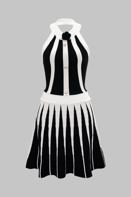 Knit Contrast Halter Neck Button Backless Sleeveless Dress