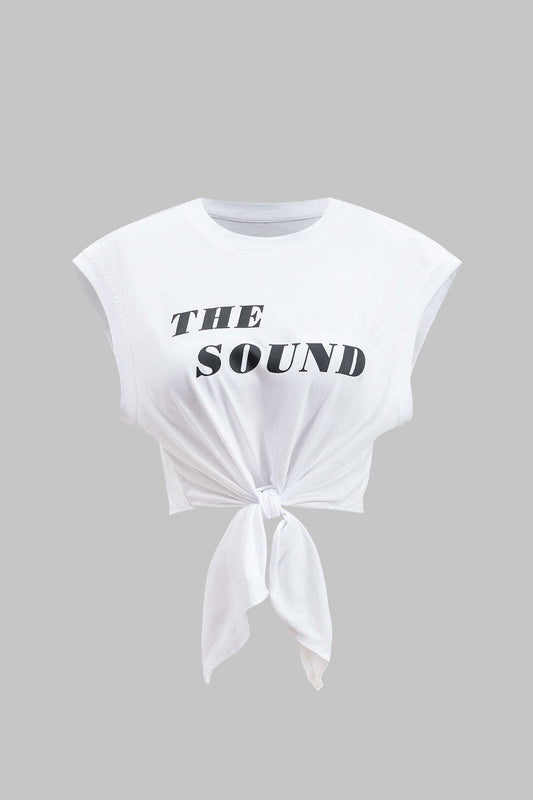 Letter Print  Tie Front Round Neck T-Shirt