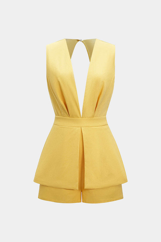 Solid V-Neck Backless Sleeveless Romper