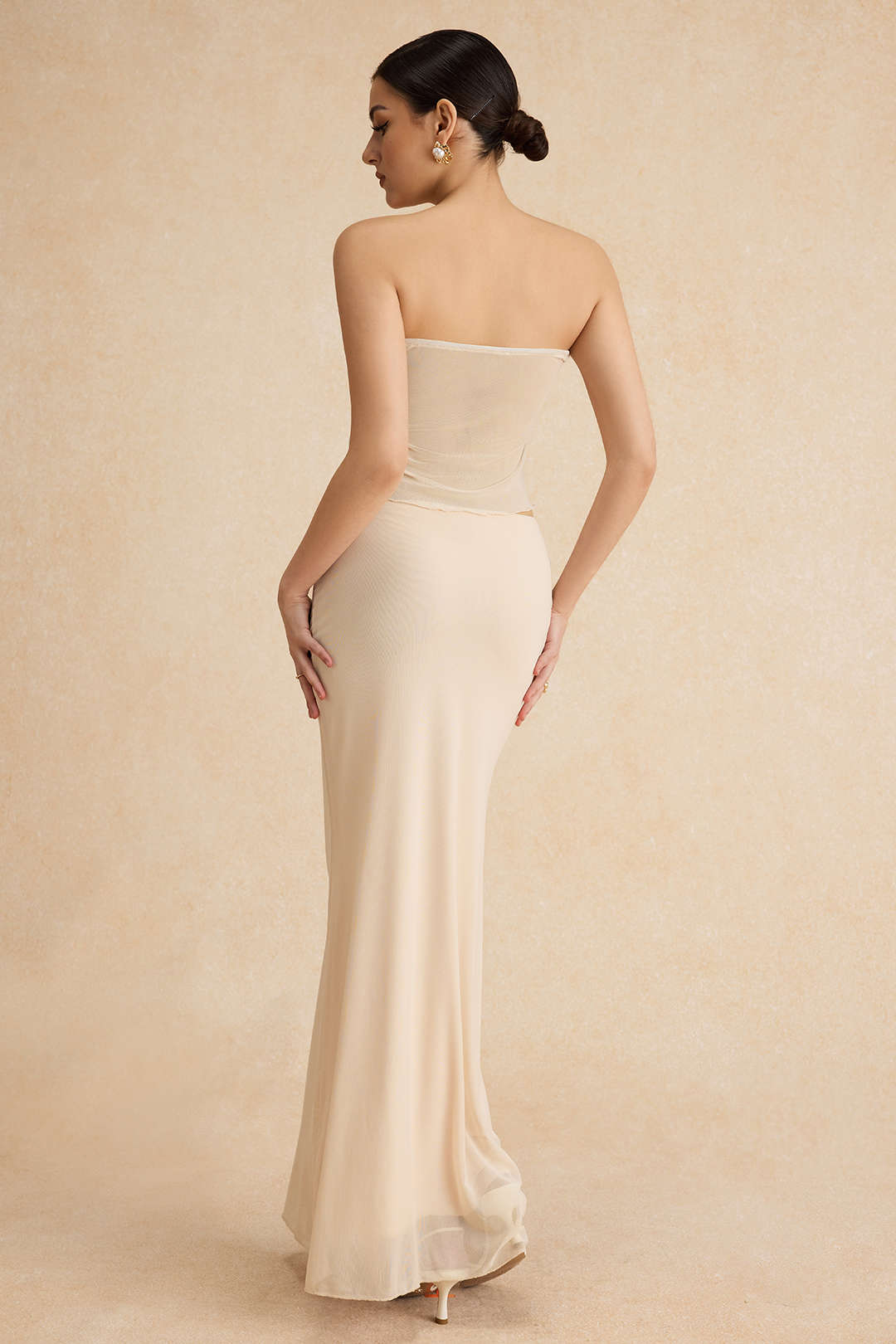 Ruched Sleeveless Double-Layered Mesh Split Strapless Top And Maxi Skirt Set