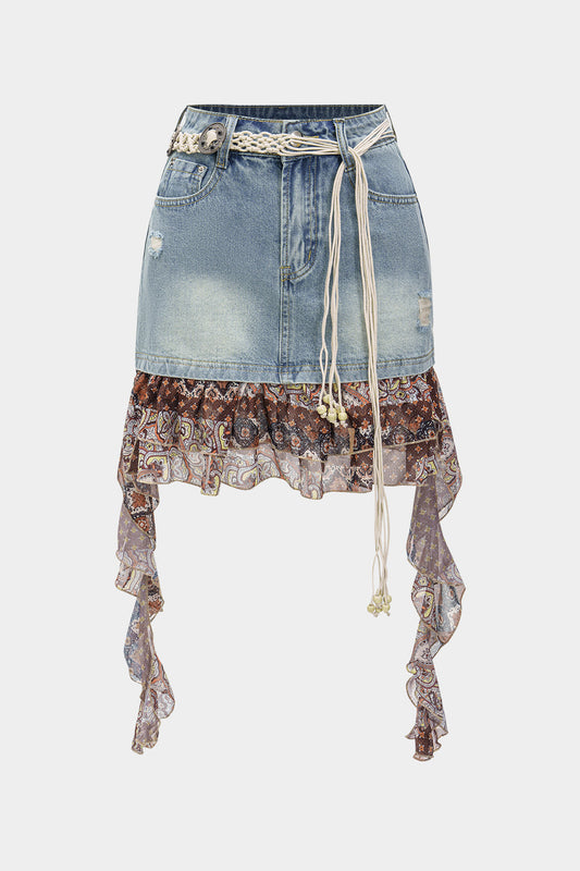 Denim Patchwork High Waist Skirt