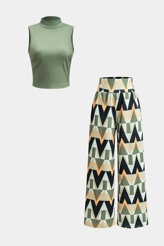 Sleeveless Tank Top And Geometric Pattern Trousers Set