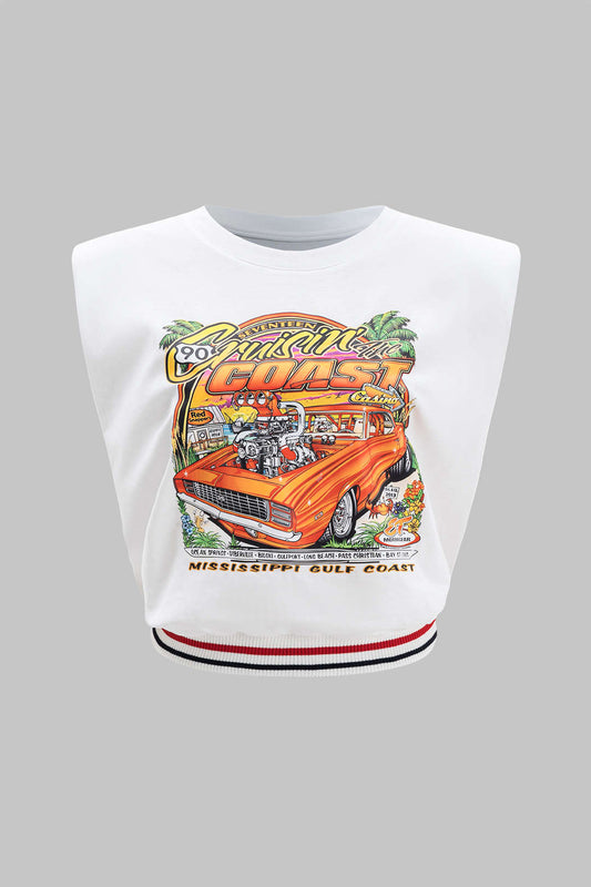 Car Print  Round Neck Sleeveless T-Shirt