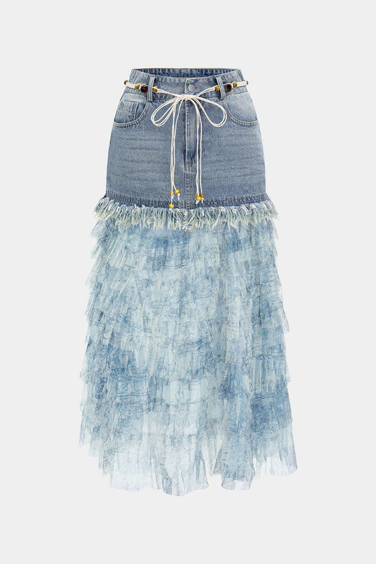Denim Frayed Mesh Patchwork Belted Skirt