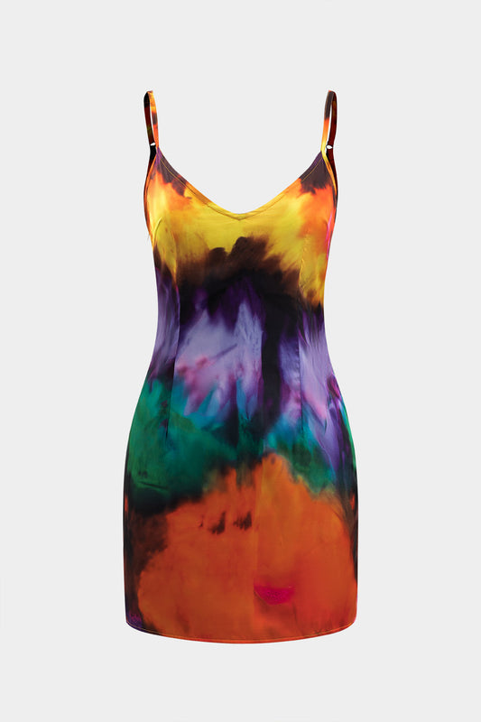 Contrast Print Satin Slip V-Neck Sleeveless Mini Dress