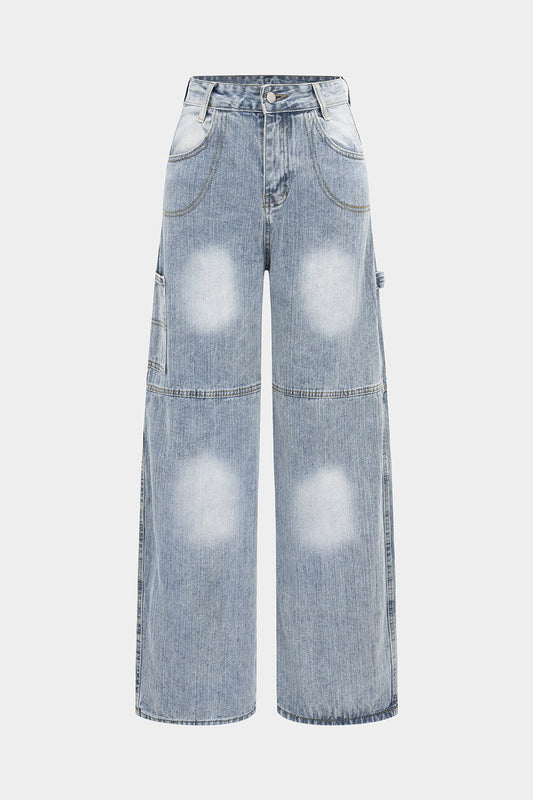 Retro Letter Print Pocket Zipper Jeans