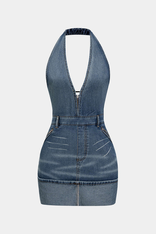 Denim Backless Washed Zipper Halter Mini Dress