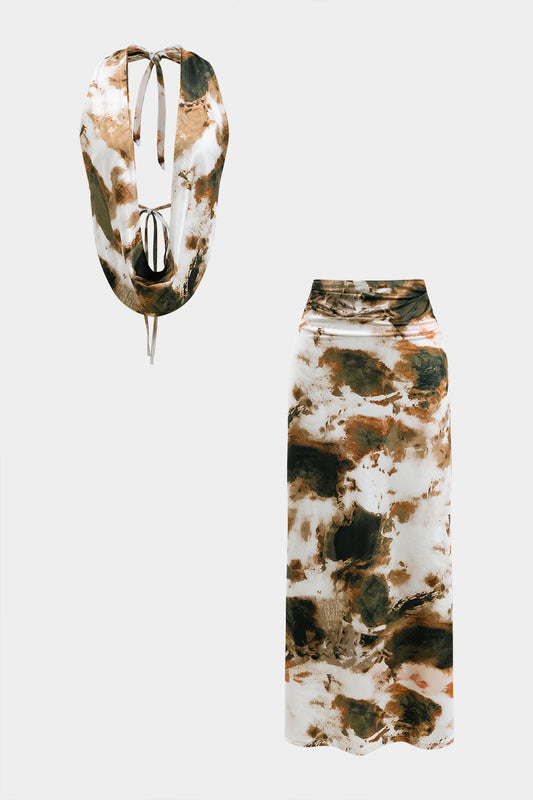 Contrast Print Backless Tie-Up Sleeveless Top And Ruched Skirt Set