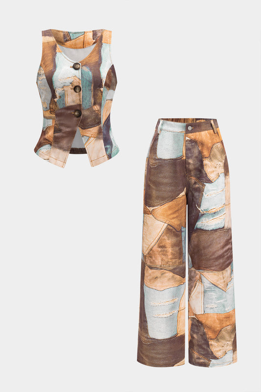 Denim Abstract Print V-Neck Button Tank Top And Wide Leg Trousers Set