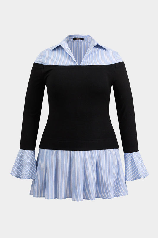 Plus Size Pleated Patchwork V-Neck Bell Sleeve Mini Dress