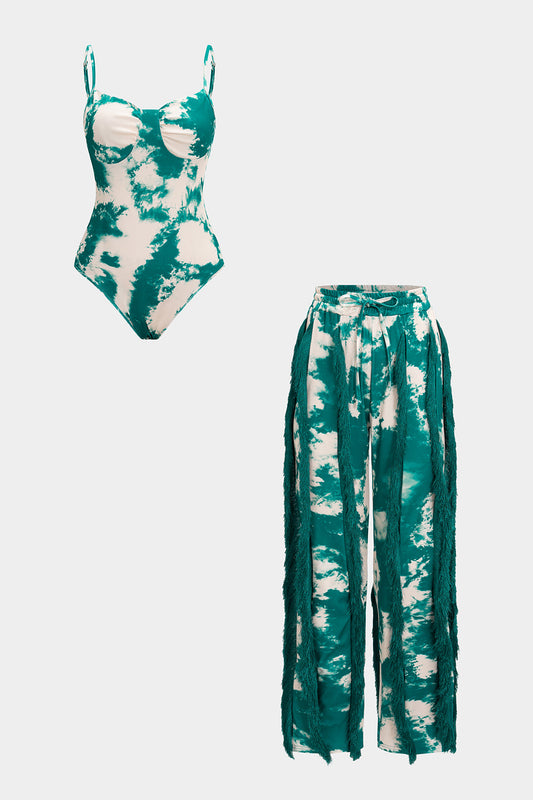 Tie Dye Print Bodysuit And Fringe Tie-Up Trousers Set