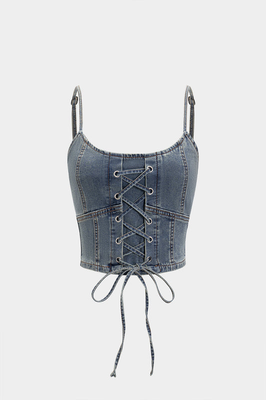 Denim Shirred Tie-Up Cami Top
