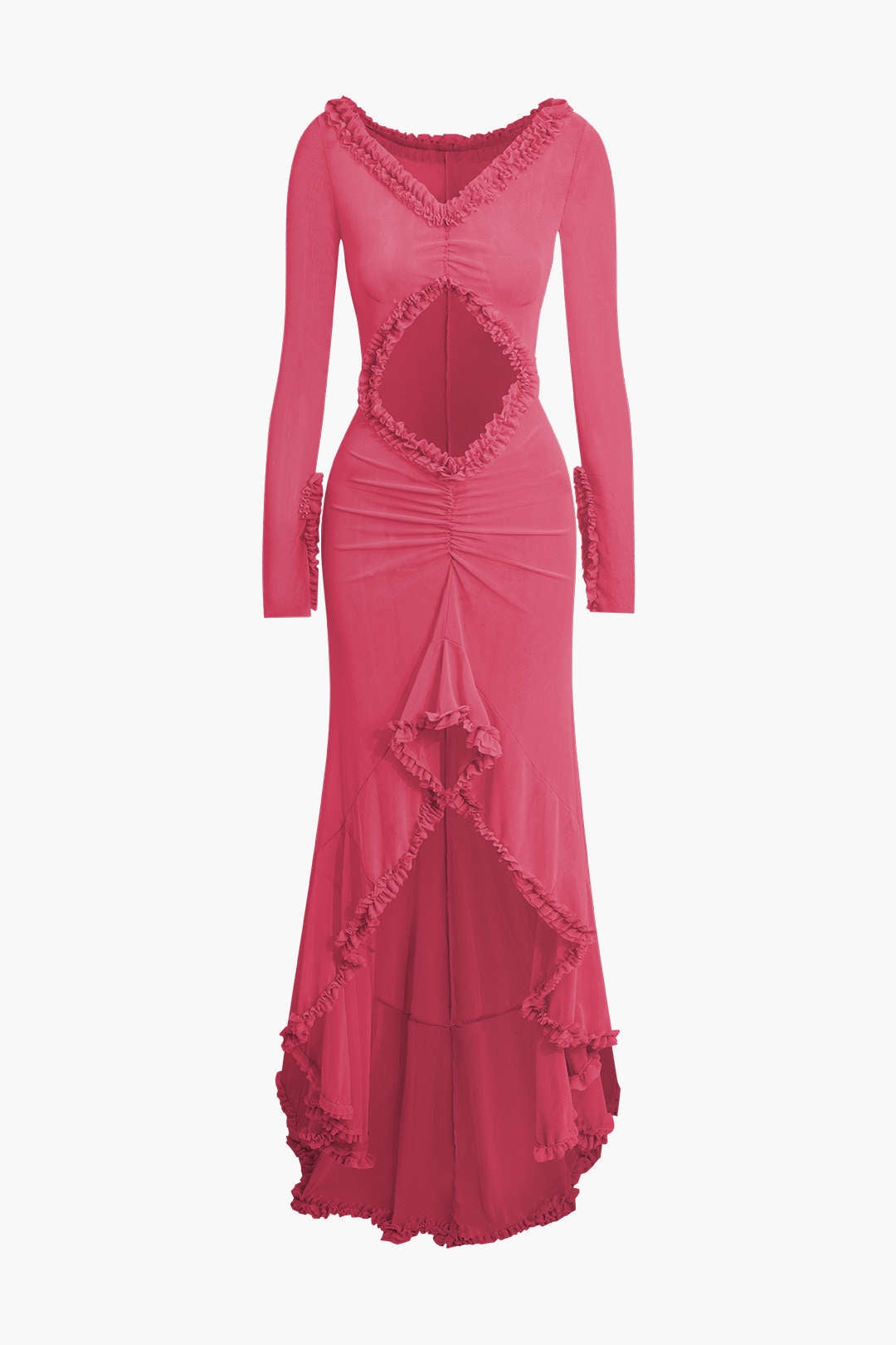 Ruffle Trim Ruched Cut Out Maxi Dress