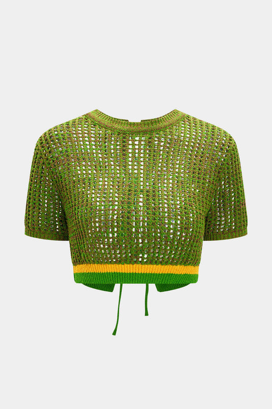 Knit Hollow Out Tie Back Short-Sleeve Top