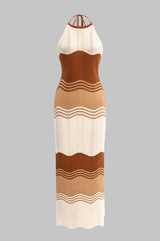 Knit Contrast Backless Sleeveless Halter Neck Slit Dress