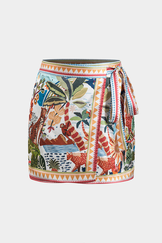 Satin Bohemian Pattern Tie Front Skirt