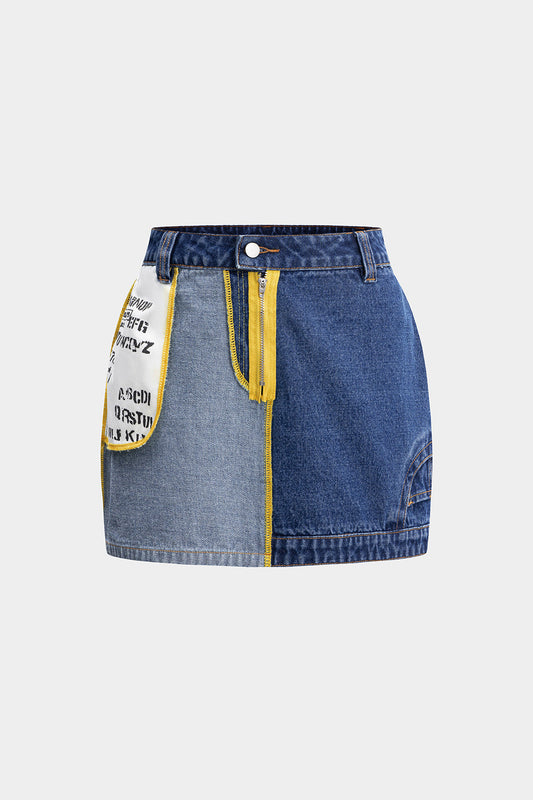 Contrast Denim Patchwork Skirt