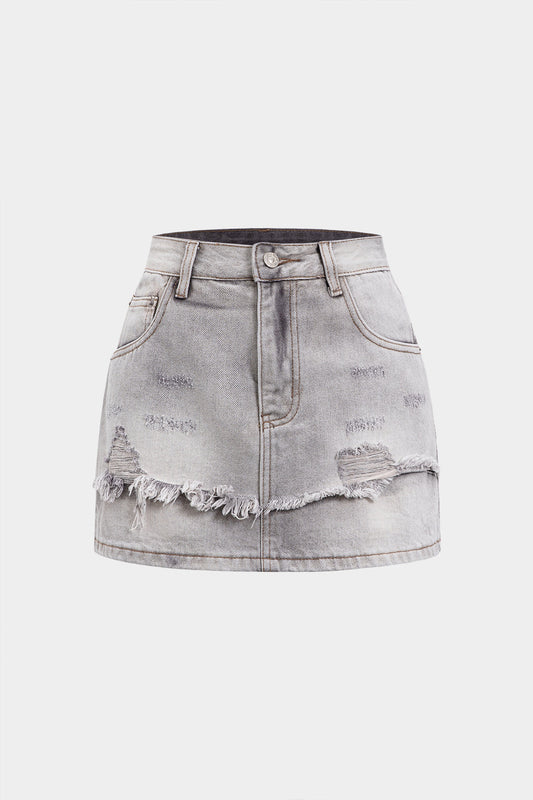 Denim Ripped Frayed Skirt
