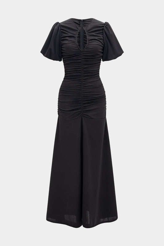 Round Neck Pleated Cut Out Short Sleeve Maxi Dress