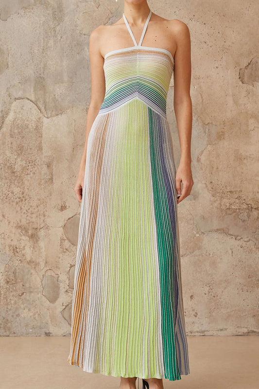 Knit Contrast Stripe Halter Neck Sleeveless Dress