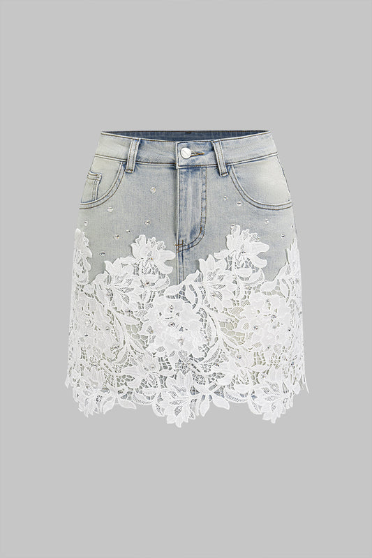 Denim High Waist Lace Patchwork Skirt