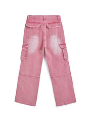 Pink Y2K Multi Pocket Ripped Cargo Jeans with Faded Effect