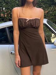 Brown Y2K Pleated Chest Strappy Backless Mini Dress