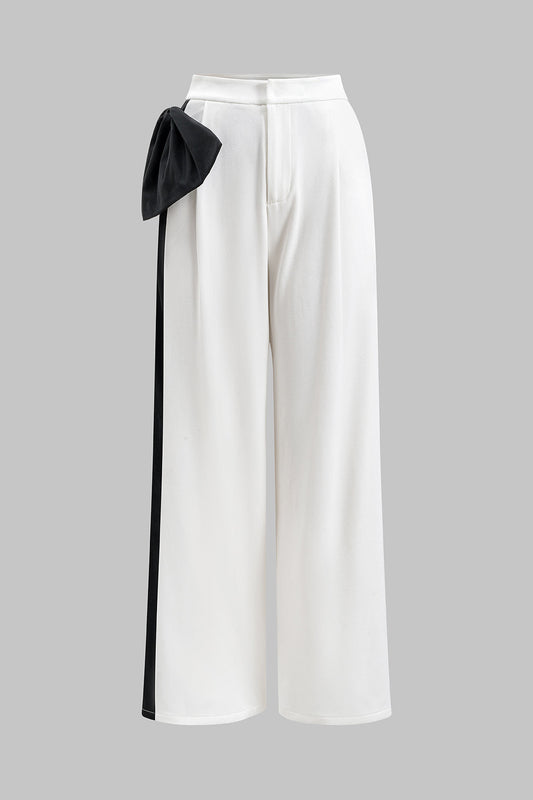 Contrast Pleated Bow Asymmetrical Wide Leg Trousers