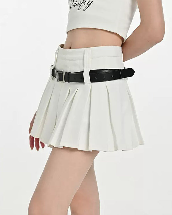 Solid Y2K Double Belt Pleated Mini Skirt with Belt