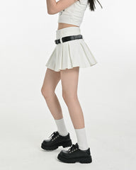 Solid Y2K Double Belt Pleated Mini Skirt with Belt