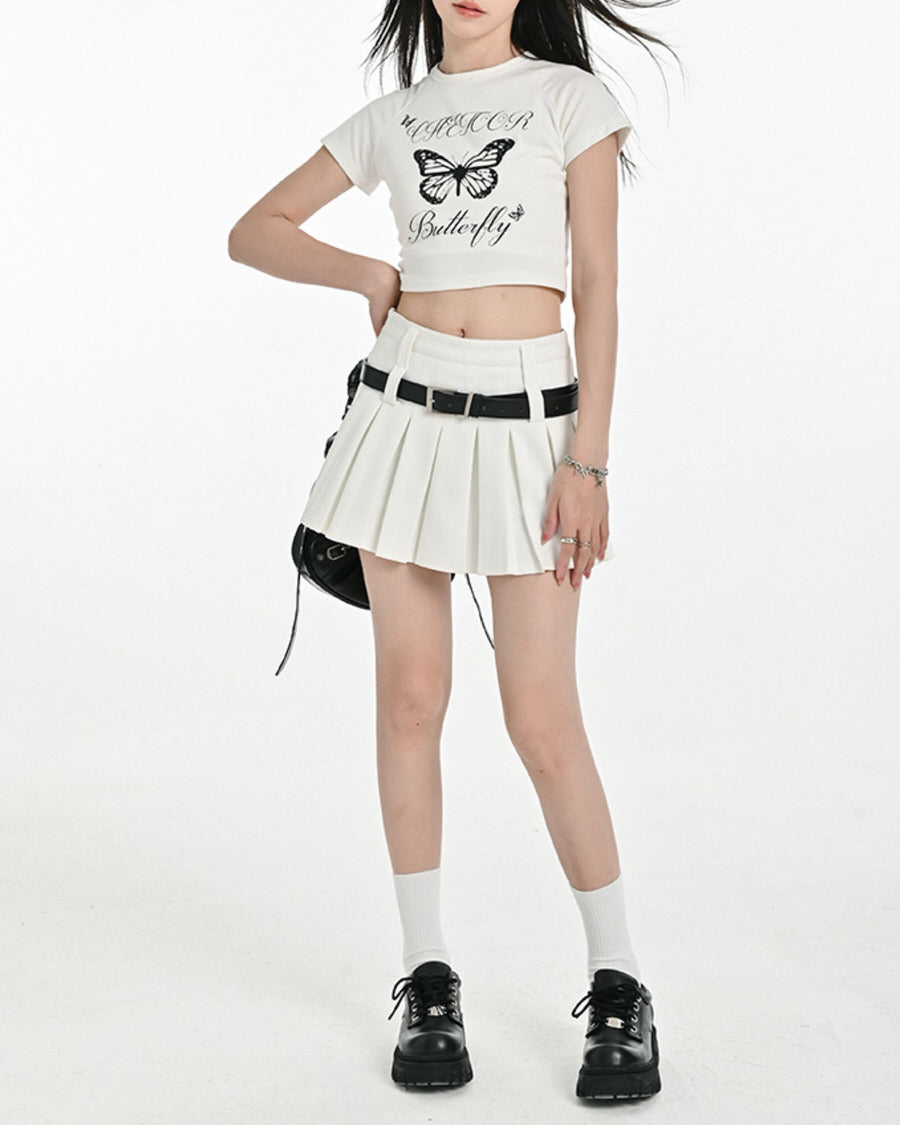 Solid Y2K Double Belt Pleated Mini Skirt with Belt