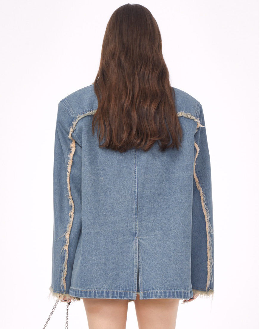 Blue Vintage Oversized Distressed Denim Blazer