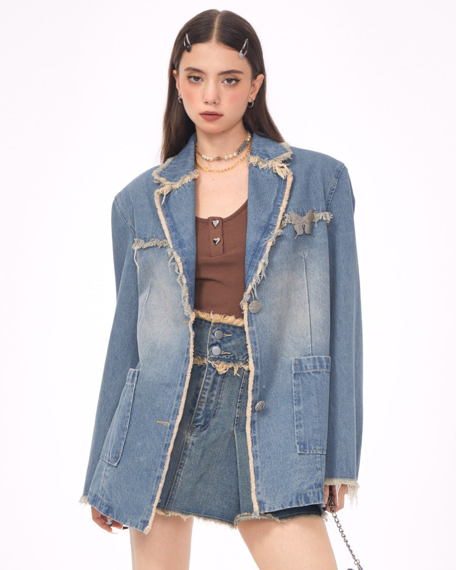 Blue Vintage Oversized Distressed Denim Blazer