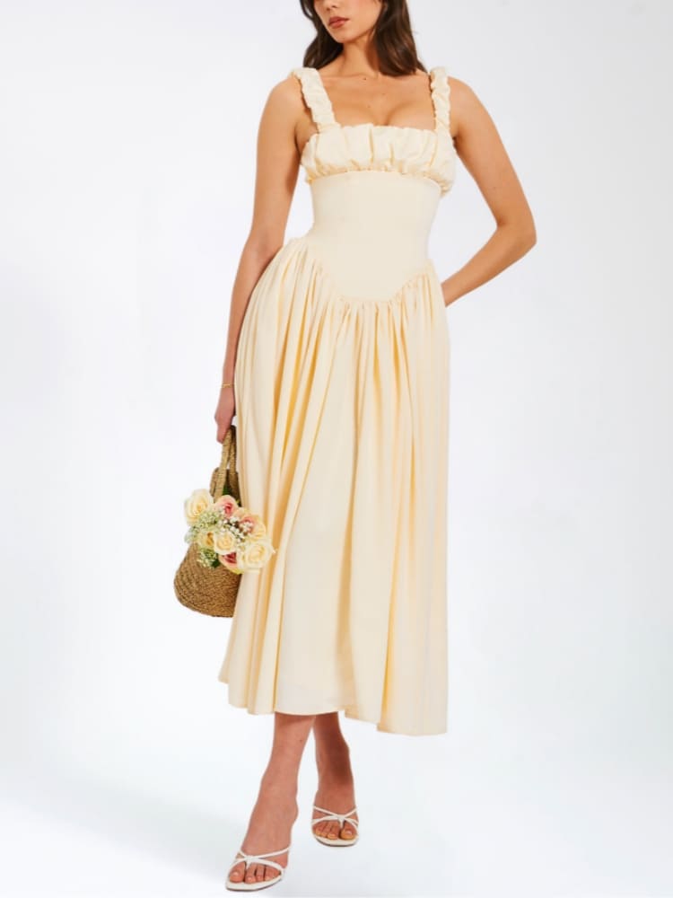 Noreen | Pleated Strap Puffy Maxi Dress