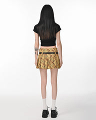 Yellow Y2K Double Belt Plaid Pleated Skirt