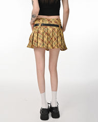 Yellow Y2K Double Belt Plaid Pleated Skirt