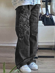 Black Y2k Washed Effect Cargo Jeans with Heart Print