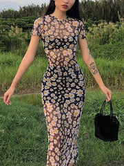 Vintage Mesh Slim Maxi Dress with Daisy Print