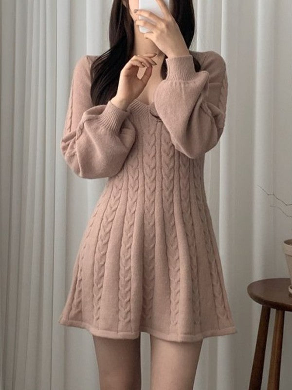 Solid Color Sweet V Neck Cable Knit Long Sleeve Mini Dress