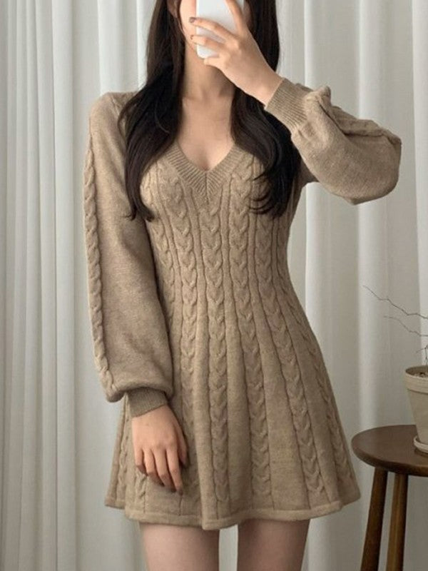 Solid Color Sweet V Neck Cable Knit Long Sleeve Mini Dress