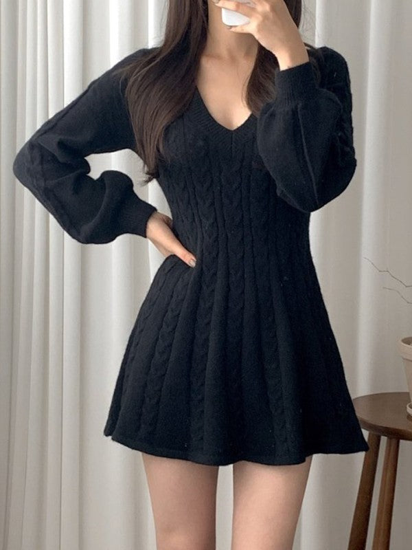 Solid Color Sweet V Neck Cable Knit Long Sleeve Mini Dress