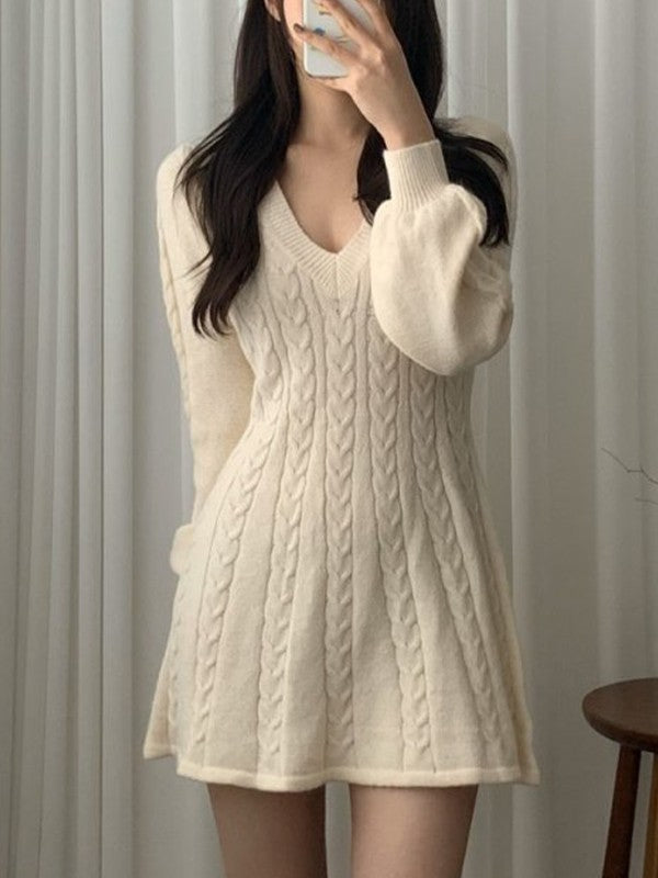 Solid Color Sweet V Neck Cable Knit Long Sleeve Mini Dress