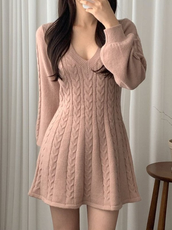 Solid Color Sweet V Neck Cable Knit Long Sleeve Mini Dress