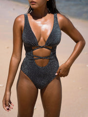 Black Lurex Cutout-Front One-Piece Swimsuit