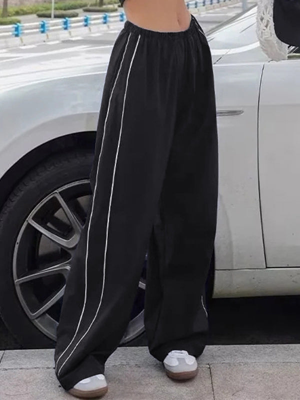 Black Wide Leg Sweatpants with Piping Detail