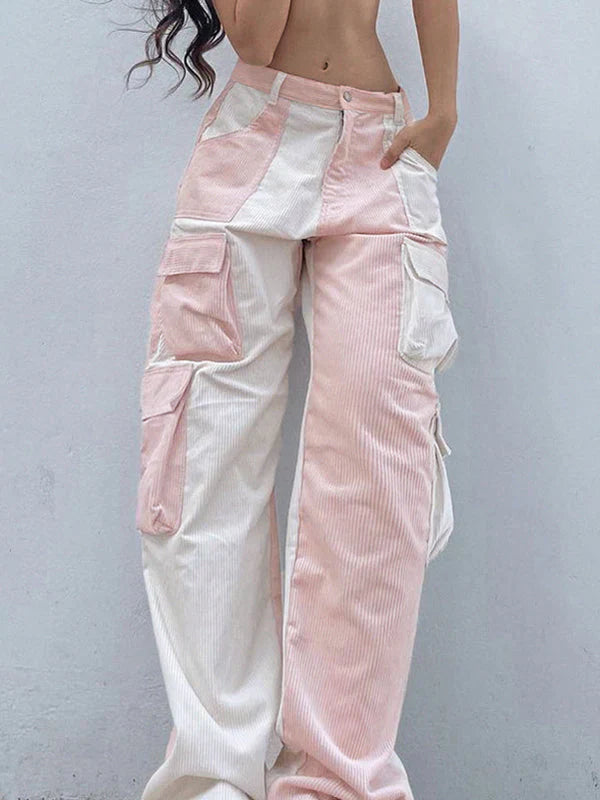 Pink Retro Patchwork Corduroy Cargo Pants