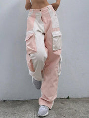 Pink Retro Patchwork Corduroy Cargo Pants