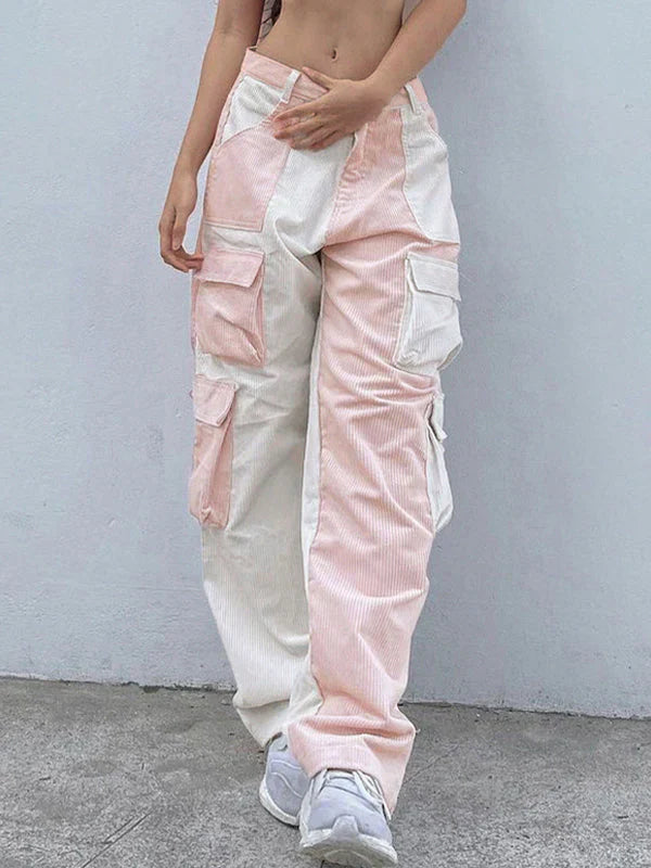 Pink Retro Patchwork Corduroy Cargo Pants