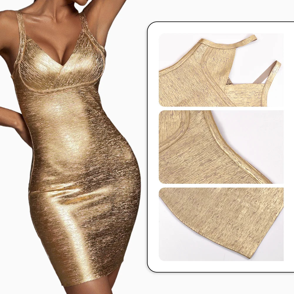 Margot - V-Neck Mini Golden Dress