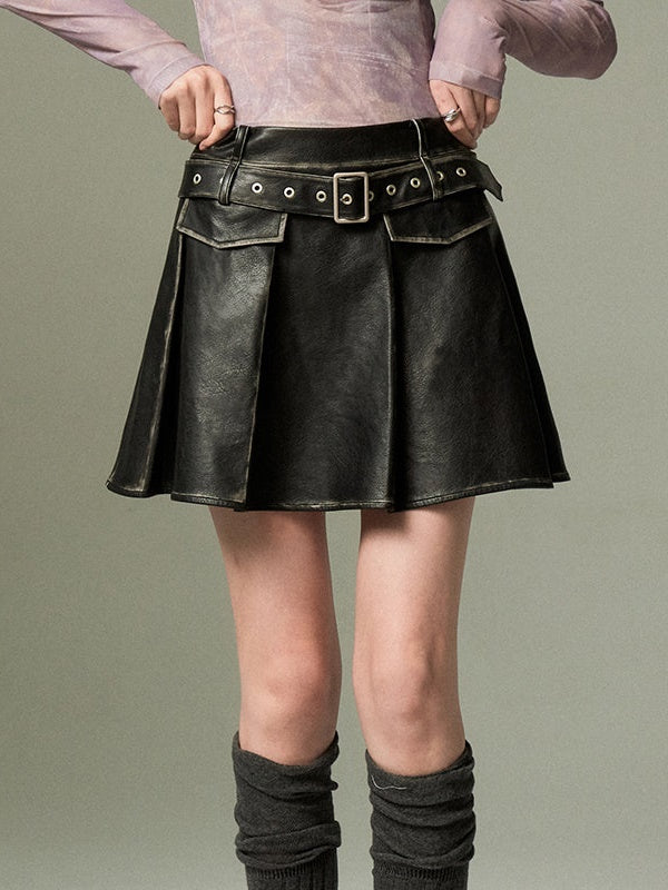 Vintage Leather Pleated Buckle Mini Skirt